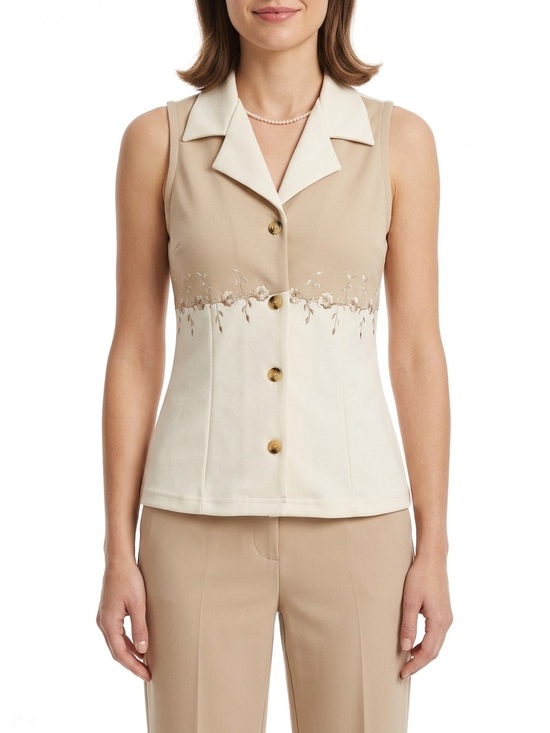 Raw Tops - Vintage RAW Sleeveless Two-Tone Embroidered Button Front Top - Beige & Ivory
